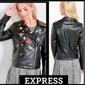 NWT EXPRESS EMBELLISHED BLACK FAUX LEATHER MOTO JACKET LARGE 🌹⭐💋